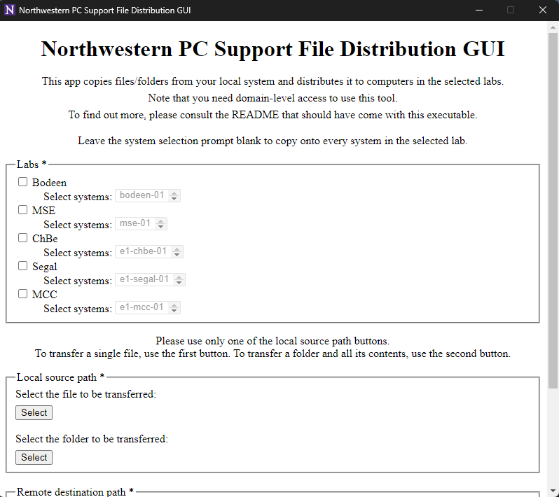 Screenshot of Northwestern PC Support File Distribution GUI